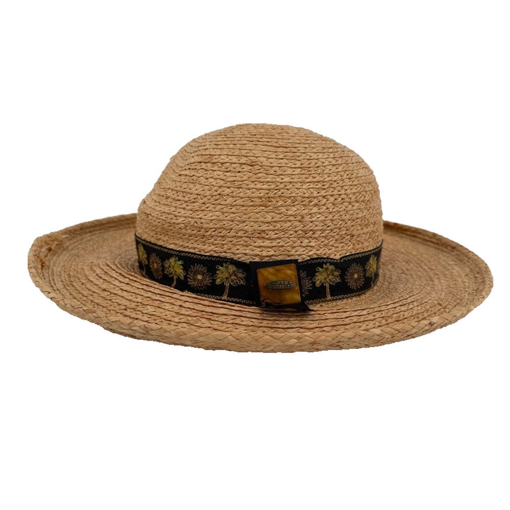 Scala Sun Hat Womens Boater Palm Tree Band Natural Straw Wide Brim Beach Vtg